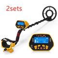 GC1028 black and yellow metal detector with LCD screen and adjustable pole, showing waterproof search coil.