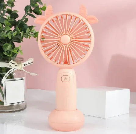Hand-held USB charging fan in blue, green, pink or yellow cartoon colours for student use