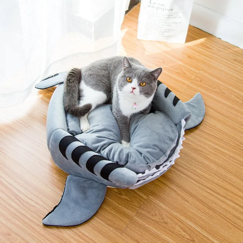 Grey shark-shaped pet bed for small dogs and cats with crystal velvet fabric
