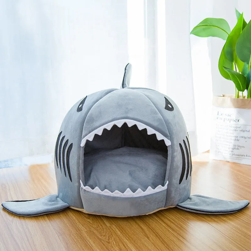 Grey shark-shaped pet bed for small dogs and cats with crystal velvet fabric