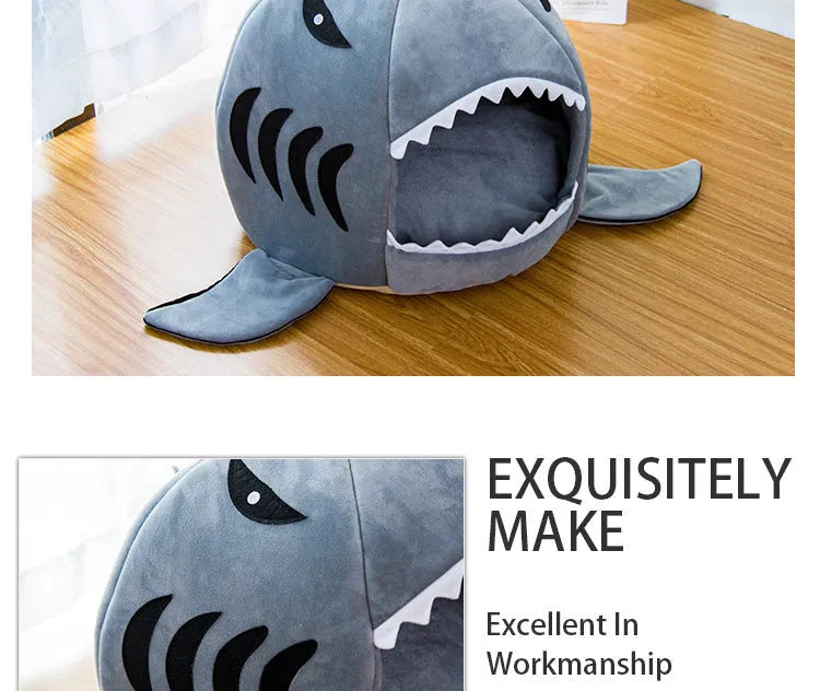 Grey shark-shaped pet bed for small dogs and cats with crystal velvet fabric