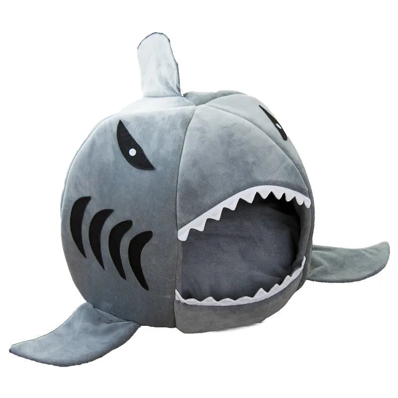 Grey shark-shaped pet bed for small dogs and cats with crystal velvet fabric