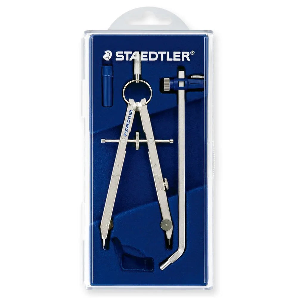 STAEDTLER 551 01 metal car compass with extended telescopic rod on technical drawing paper.