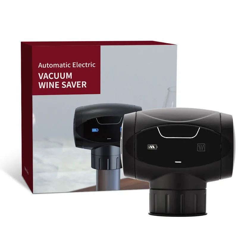 Black rechargeable electric vacuum wine stopper with charging cable.