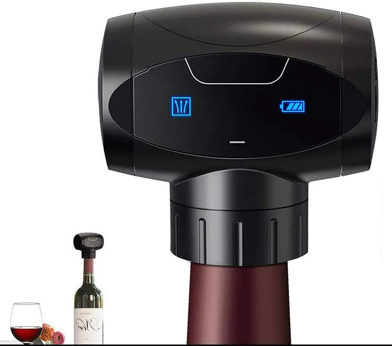 Black rechargeable electric vacuum wine stopper with charging cable.
