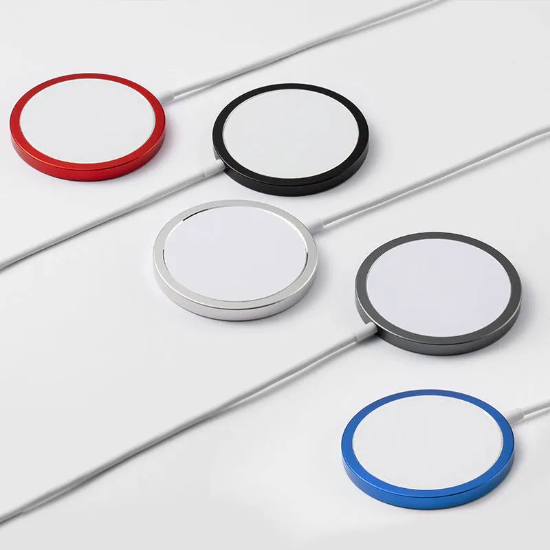 Silver anodised aluminium Magsafe-compatible wireless charger disc for iPhone