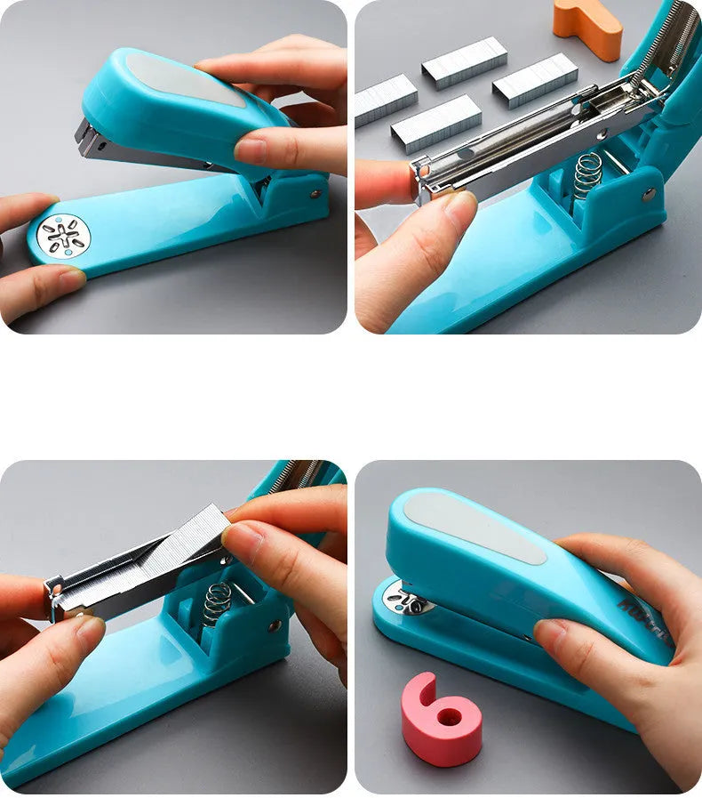360-degree rotatable desk stapler in dark blue showing its rotating head and metal nail outlet.
