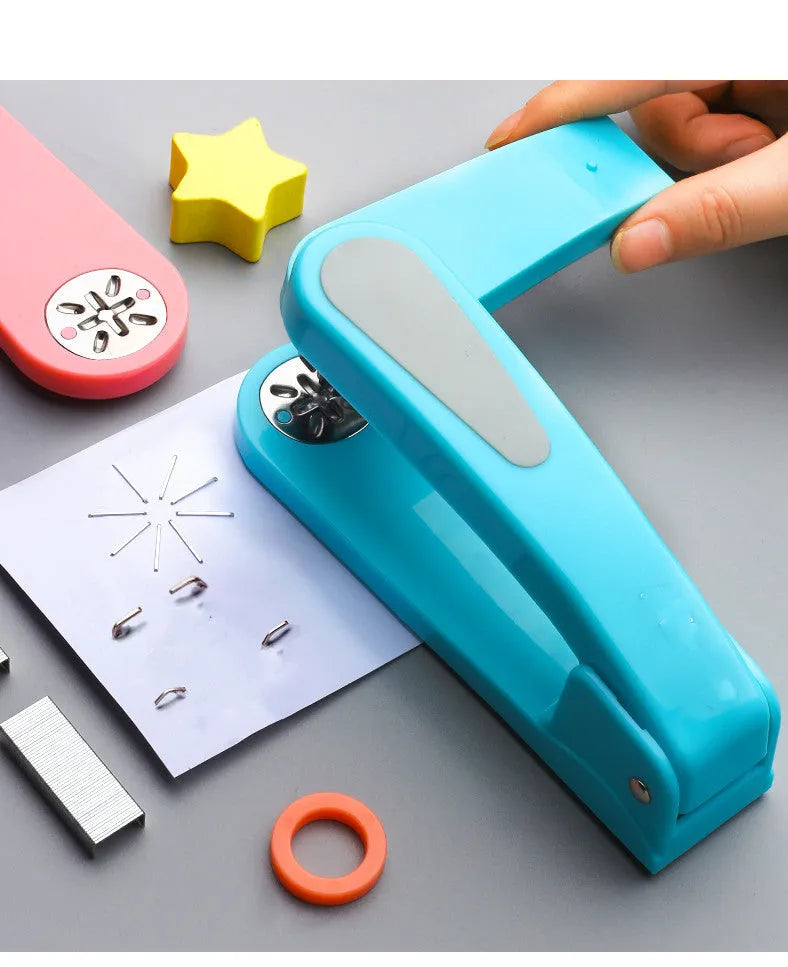 360-degree rotatable desk stapler in dark blue showing its rotating head and metal nail outlet.