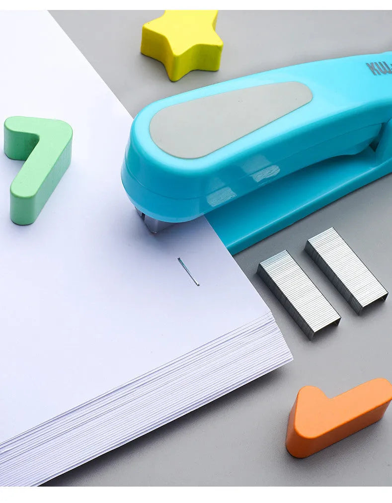 360-degree rotatable desk stapler in dark blue showing its rotating head and metal nail outlet.