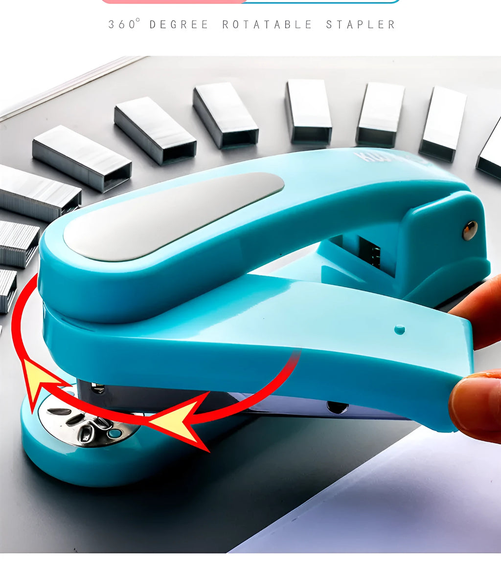 360-degree rotatable desktop stapler in blue showing eight binding direction indicators.