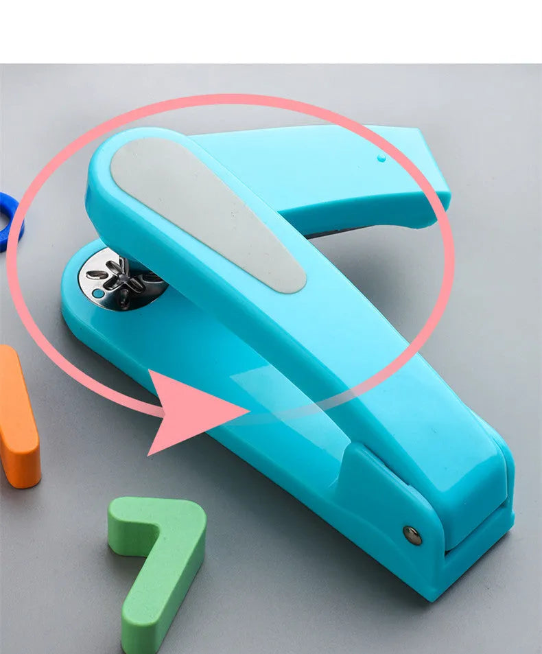 360-degree rotatable desk stapler in dark blue showing its rotating head and metal nail outlet.