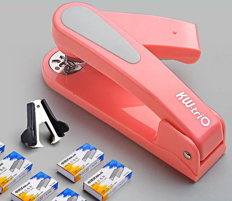 360-degree rotatable desk stapler in dark blue showing its rotating head and metal nail outlet.