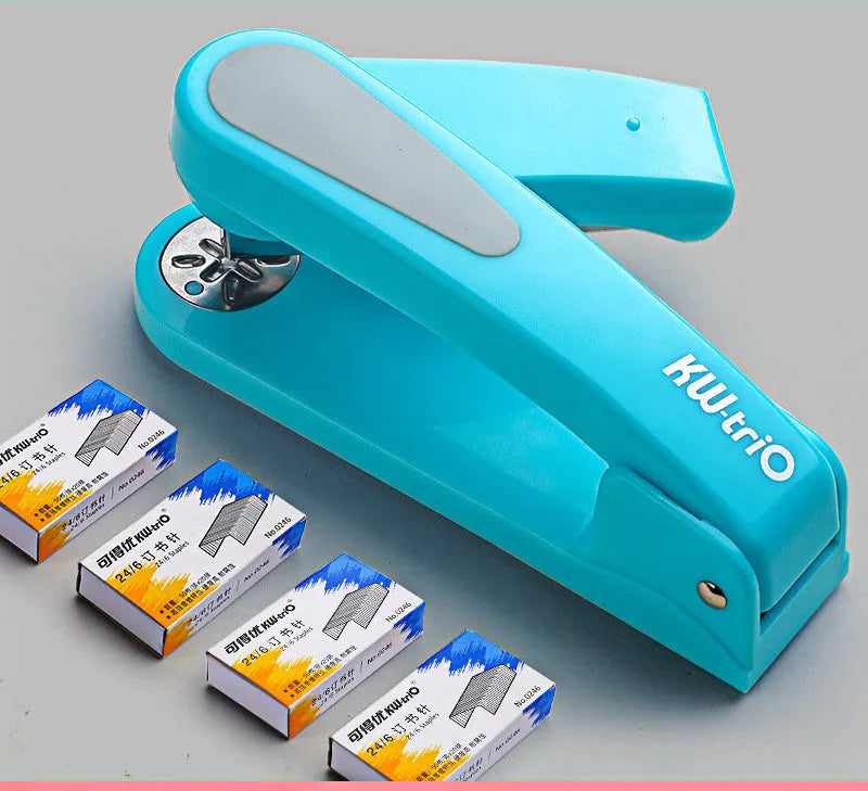360-degree rotatable desk stapler in dark blue showing its rotating head and metal nail outlet.