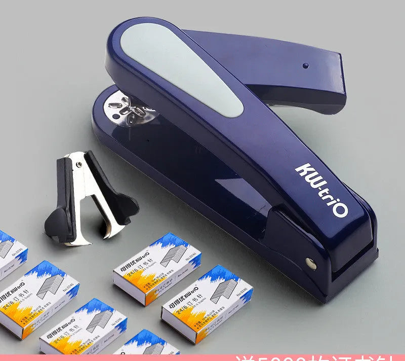 Black 360-degree rotatable desk stapler showing metal nail outlet and centre seam binding function.