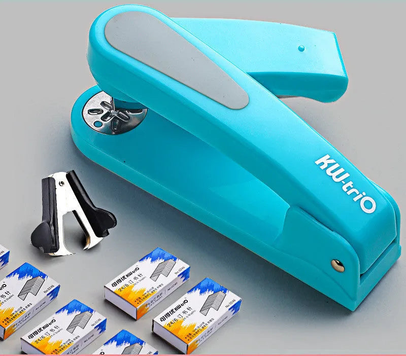 360-degree rotatable desktop stapler in blue showing eight binding direction indicators.