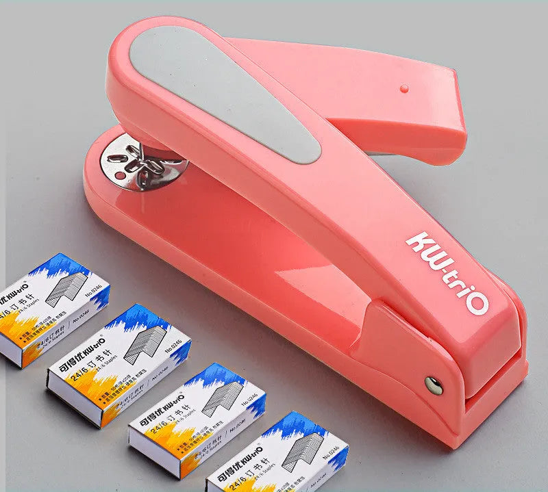 360-degree rotatable desk stapler in dark blue showing its rotating head and metal nail outlet.