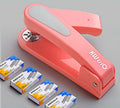 360-degree rotatable stapler in dark blue on a desk with papers, showing its rotating head mechanism.