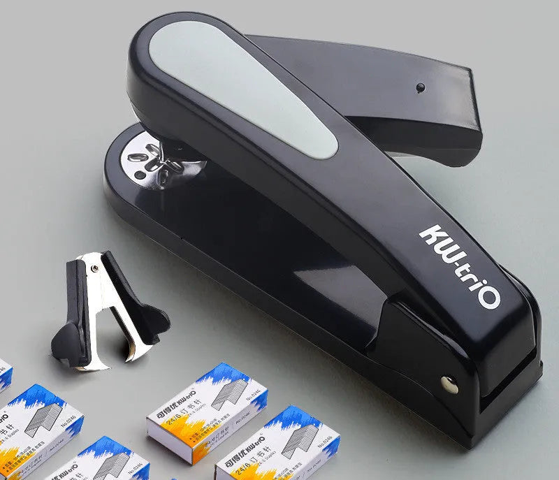 360-degree rotatable desk stapler in dark blue showing its rotating head and metal nail outlet.