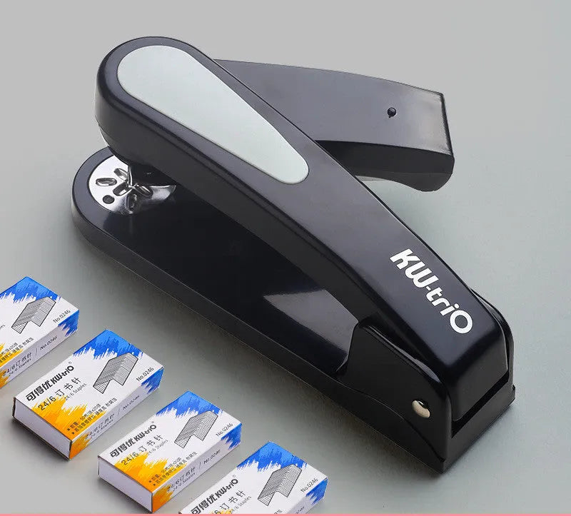 360-degree rotatable desk stapler in dark blue showing its rotating head and metal nail outlet.