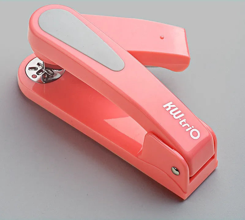 360-degree rotatable desk stapler in dark blue showing its rotating head and metal nail outlet.