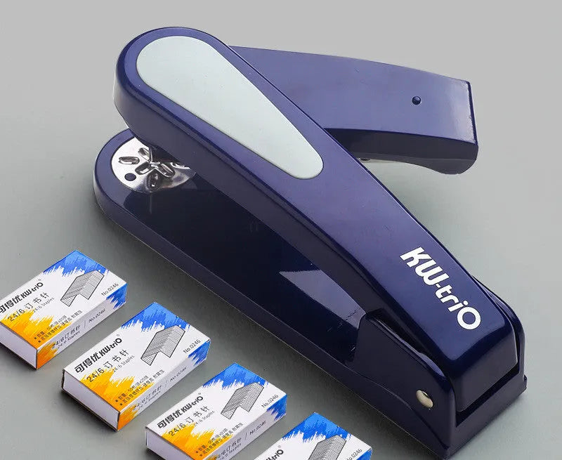 360-degree rotatable desk stapler in dark blue showing its rotating head and metal nail outlet.