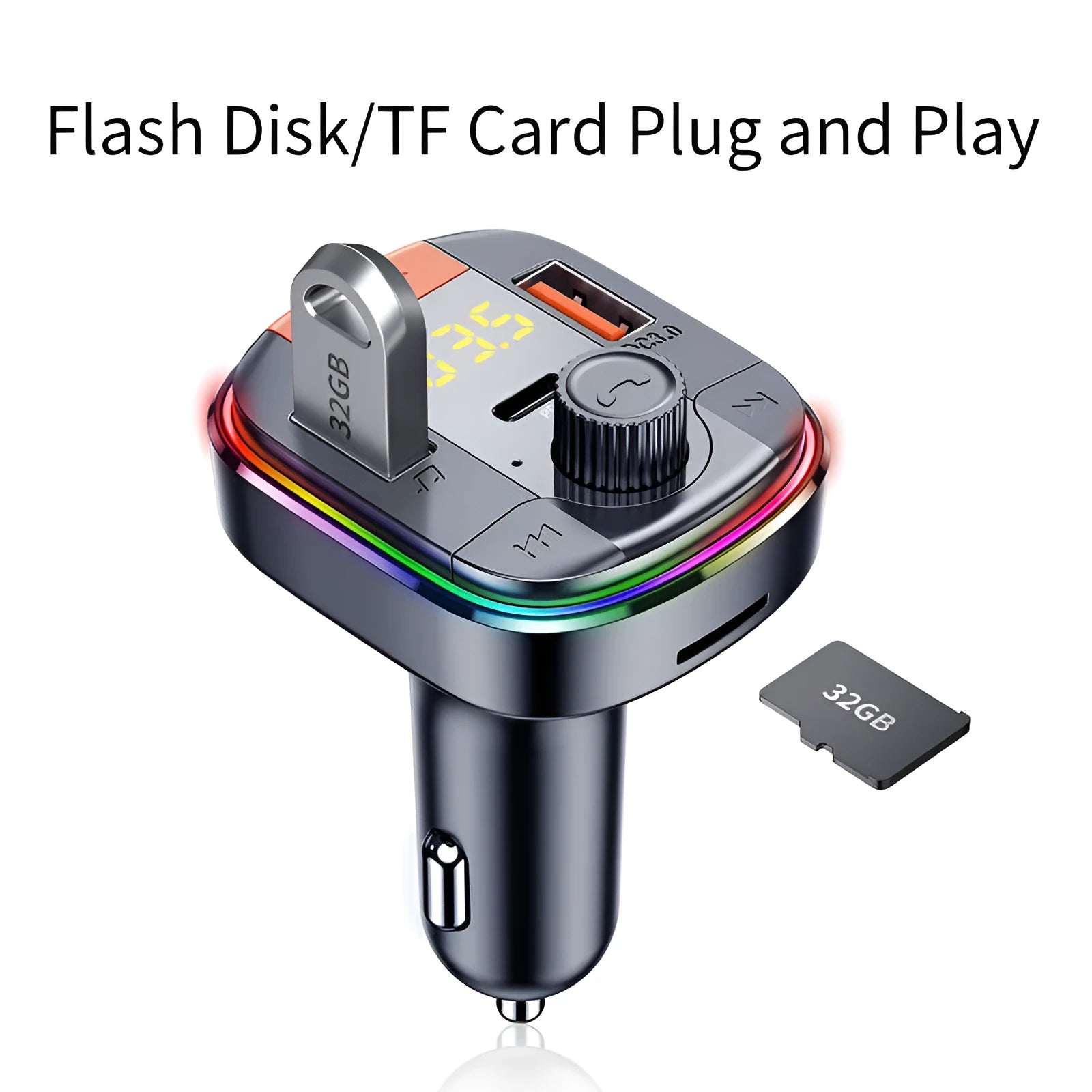 Black car MP3 player with Bluetooth, LED light, knob control, dual USB ports, and cigarette lighter plug.