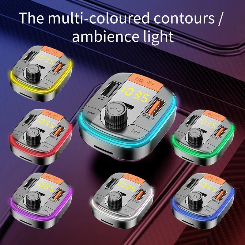 Black car MP3 player with Bluetooth, LED light, knob control, dual USB ports, and cigarette lighter plug.