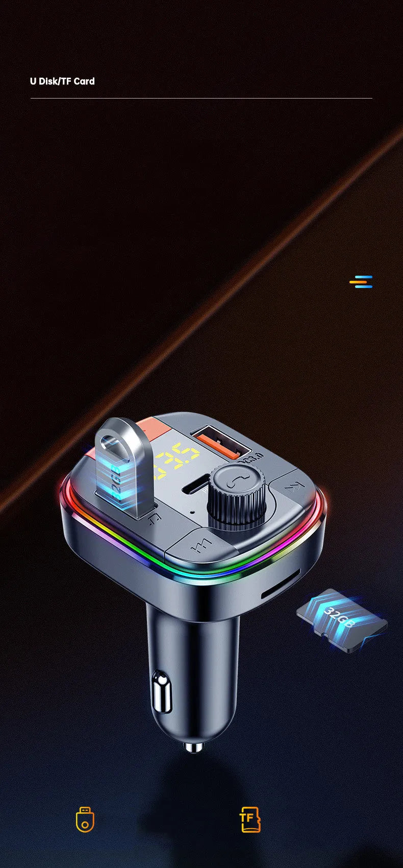 Black car MP3 player with Bluetooth, LED light, knob control, dual USB ports, and cigarette lighter plug.