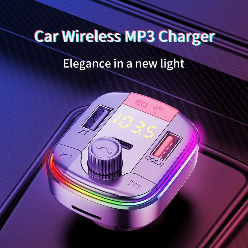 Black car MP3 player with Bluetooth, LED light, knob control, dual USB ports, and cigarette lighter plug.