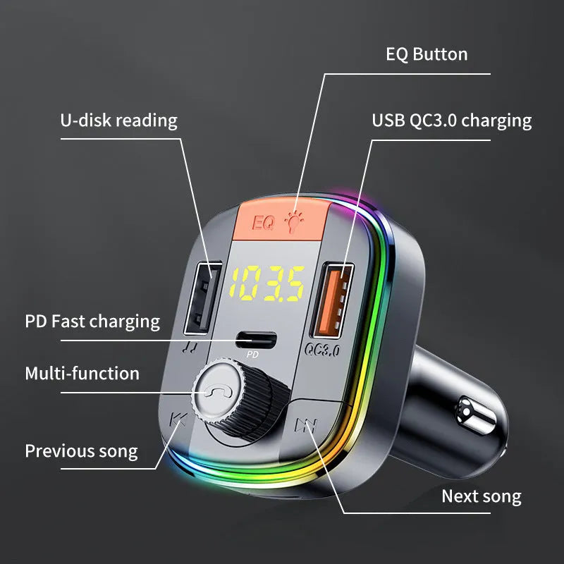 Black car MP3 player with Bluetooth, LED light, knob control, dual USB ports, and cigarette lighter plug.