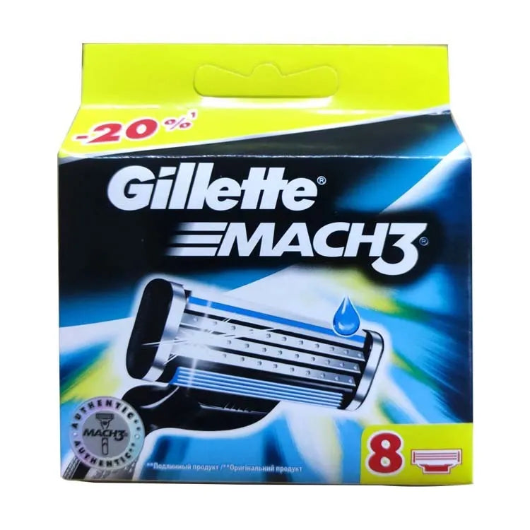 Box of eight blue Gillette Front Speed 3 replacement razor blades on a white background.
