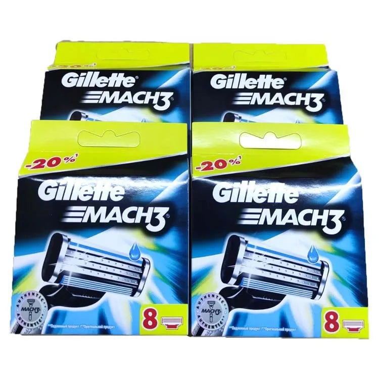Box of eight blue Gillette Front Speed 3 replacement razor blades on a white background.