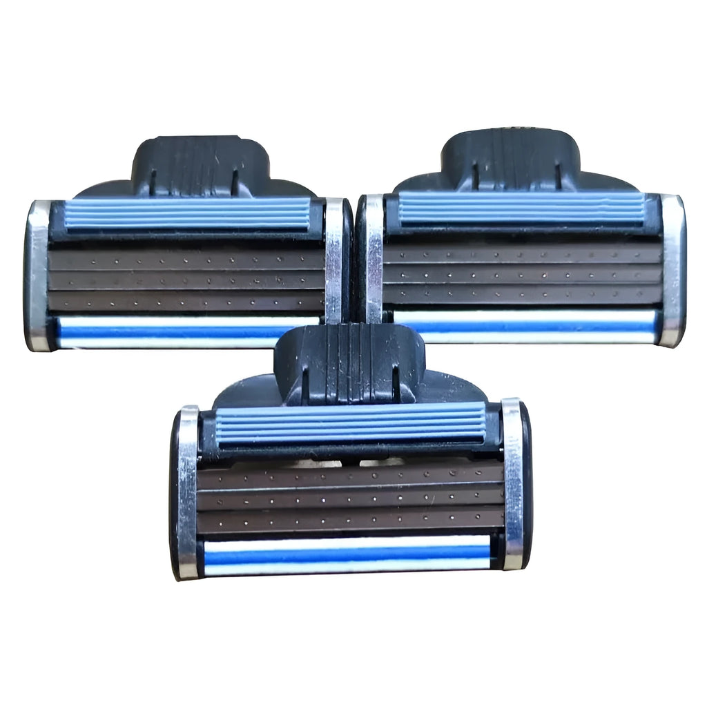 Box of eight blue Gillette Front Speed 3 replacement razor blades on a white background.