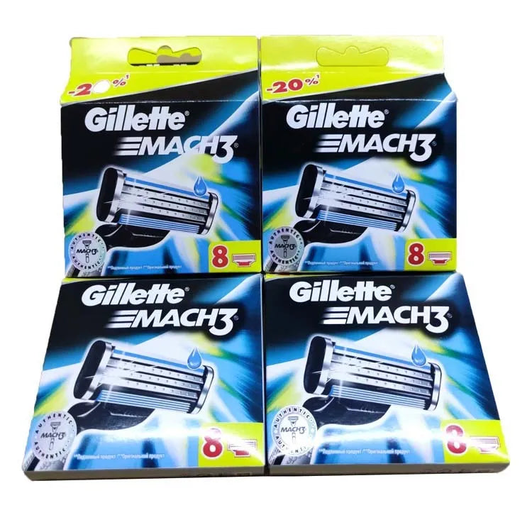 Box of eight blue Gillette Front Speed 3 replacement razor blades on a white background.