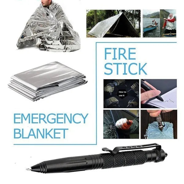 13-piece black stainless steel survival treasure box with tools including flashlight, compass, wire saw, and survival blanket