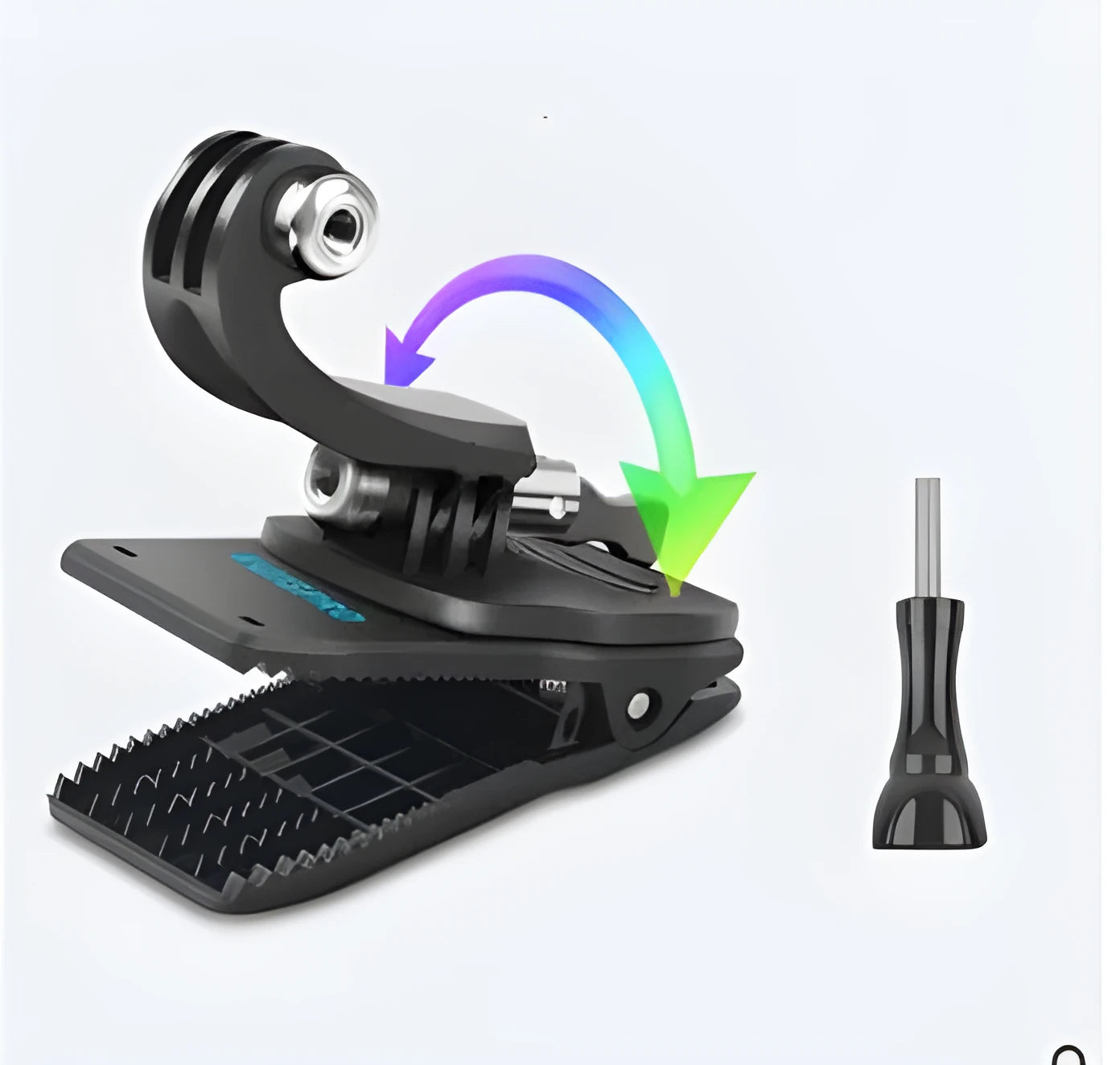 360-degree rotating backpack clip for action cameras showing ABS plastic and aluminium alloy construction