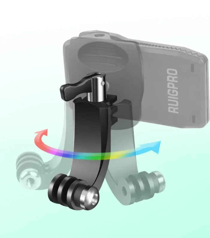 360-degree rotating backpack clip for action cameras showing ABS plastic and aluminium alloy construction