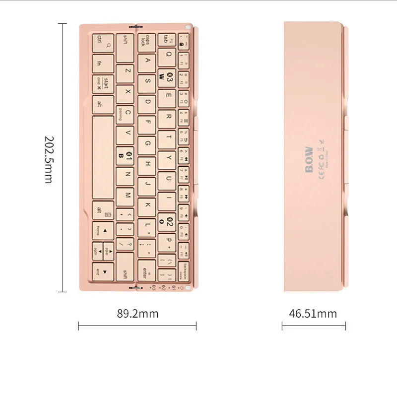 Silver aluminium folding Bluetooth keyboard shown open with phone on stand and folded to pocket size