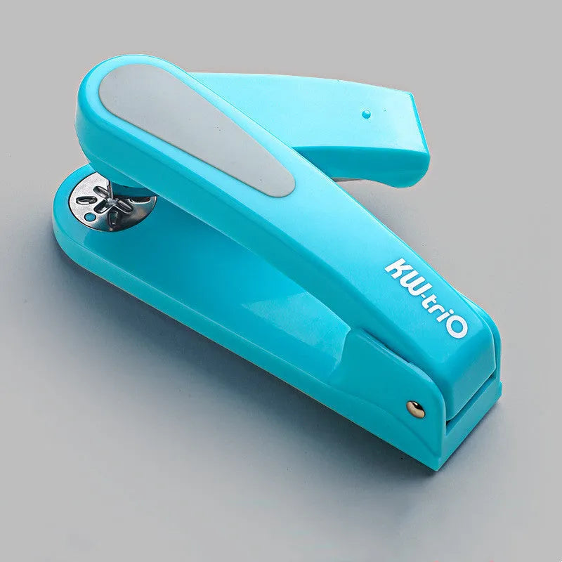 360-degree rotatable desk stapler in dark blue showing its rotating head and metal nail outlet.