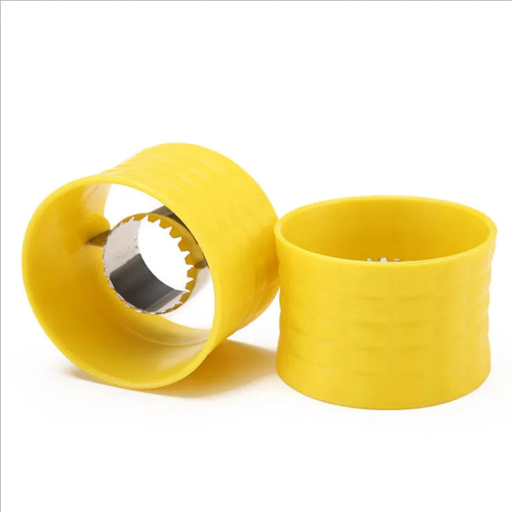 Yellow manual corn grinder thresher with corn-shaped design and stainless steel gear.