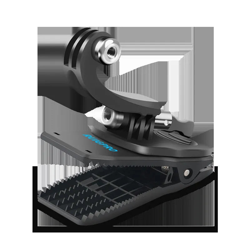 360-degree rotating backpack clip for action cameras showing ABS plastic and aluminium alloy construction