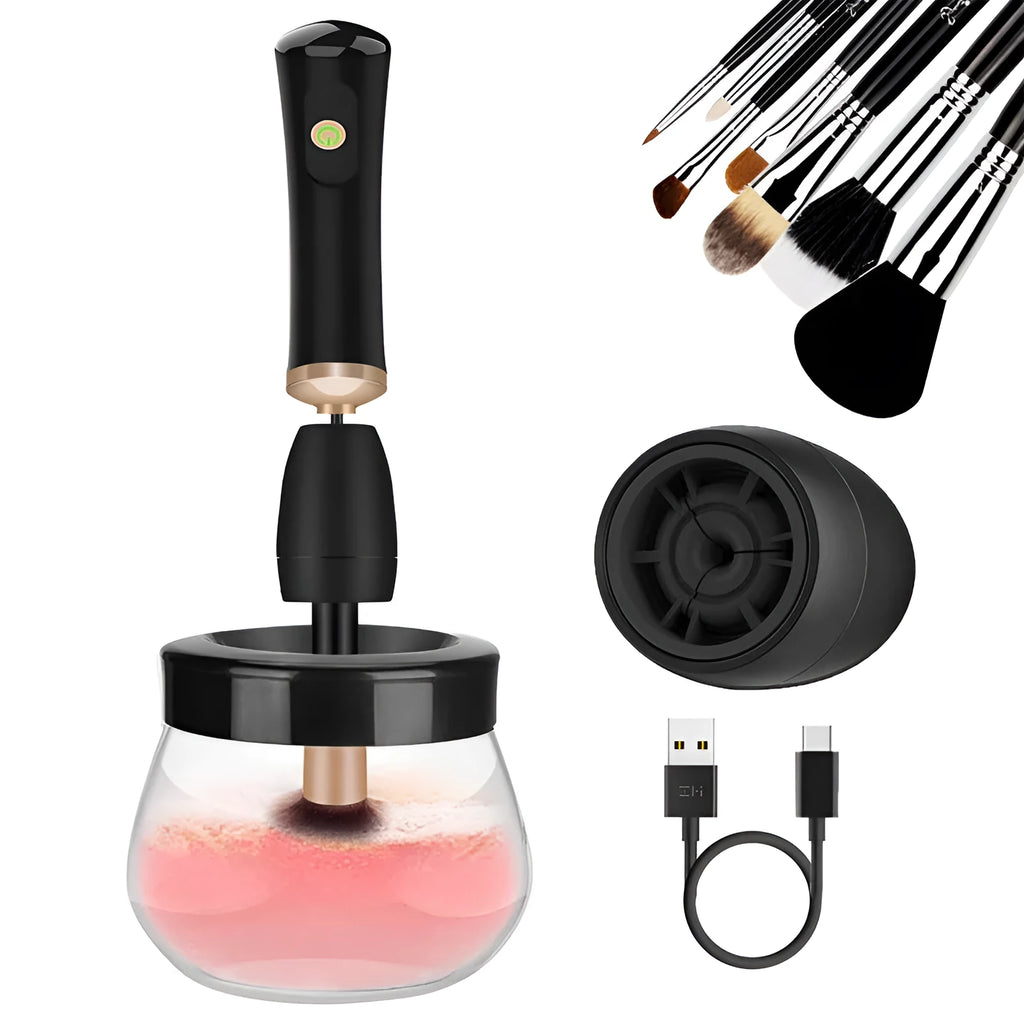 Electric makeup brush cleaning machine with silicone scrubber head, black colour, compact 9cm size, battery operated