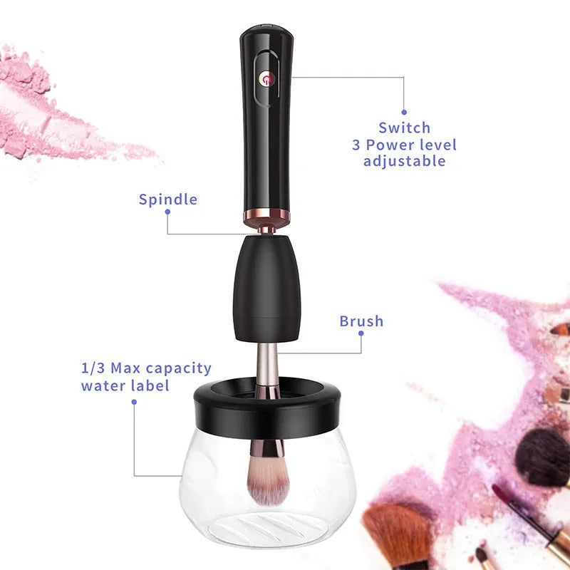 Electric makeup brush cleaning machine with silicone scrubber head, black colour, compact 9cm size, battery operated