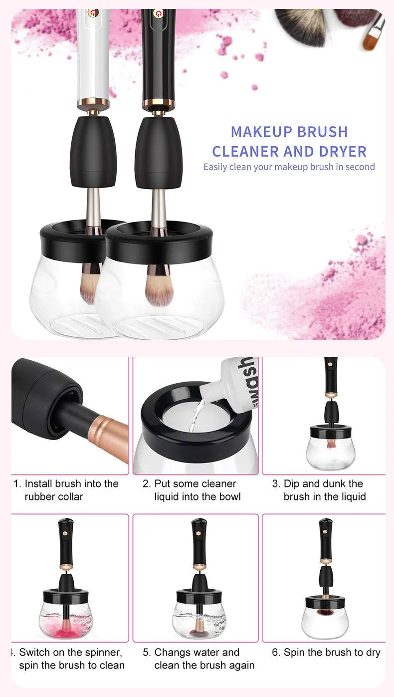 Electric makeup brush cleaning machine with silicone scrubber head, black colour, compact 9cm size, battery operated