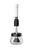 Electric makeup brush cleaning machine with silicone scrubber head, black colour, compact 9cm size, battery operated