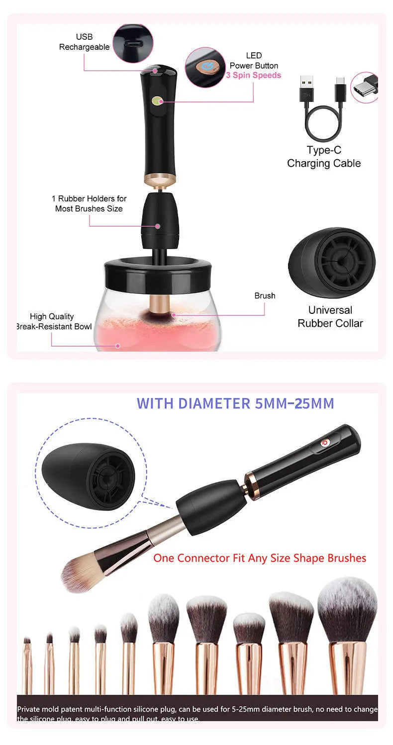 Electric makeup brush cleaning machine with silicone scrubber head, black colour, compact 9cm size, battery operated