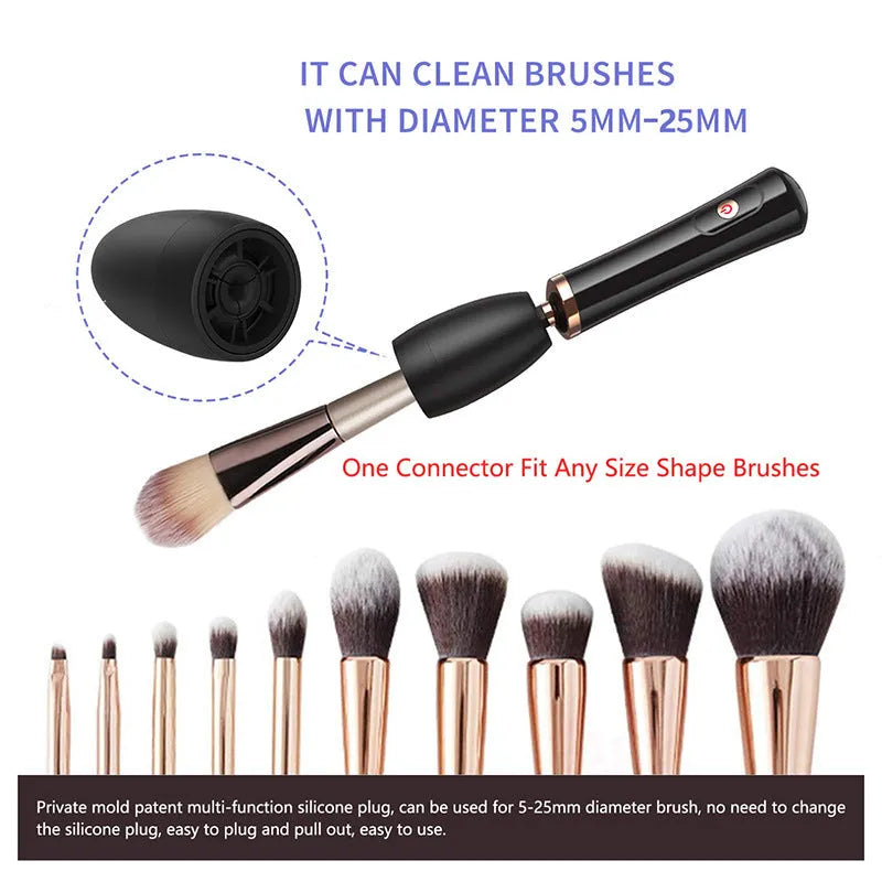 Electric makeup brush cleaning machine with silicone scrubber head, black colour, compact 9cm size, battery operated