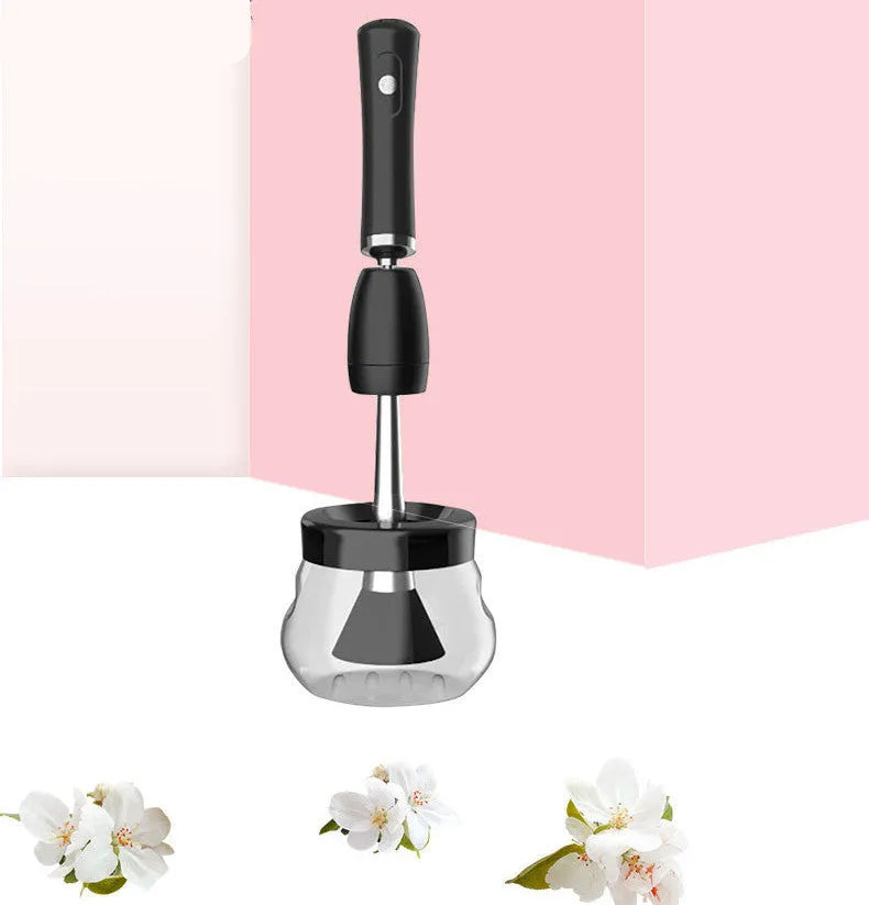Electric makeup brush cleaning machine with silicone scrubber head, black colour, compact 9cm size, battery operated