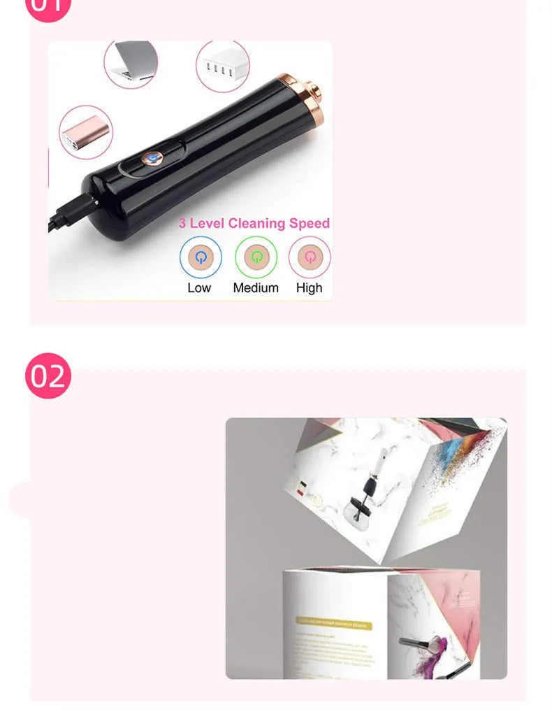 Electric makeup brush cleaning machine with silicone scrubber head, black colour, compact 9cm size, battery operated