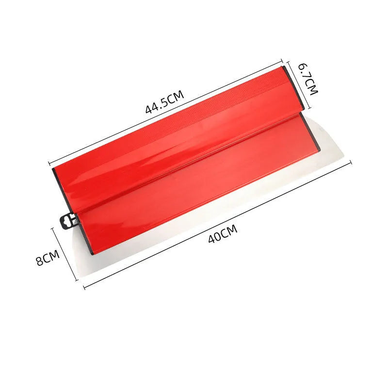 Red-handled leveling scraper with a long 40cm stainless steel blade for wall preparation